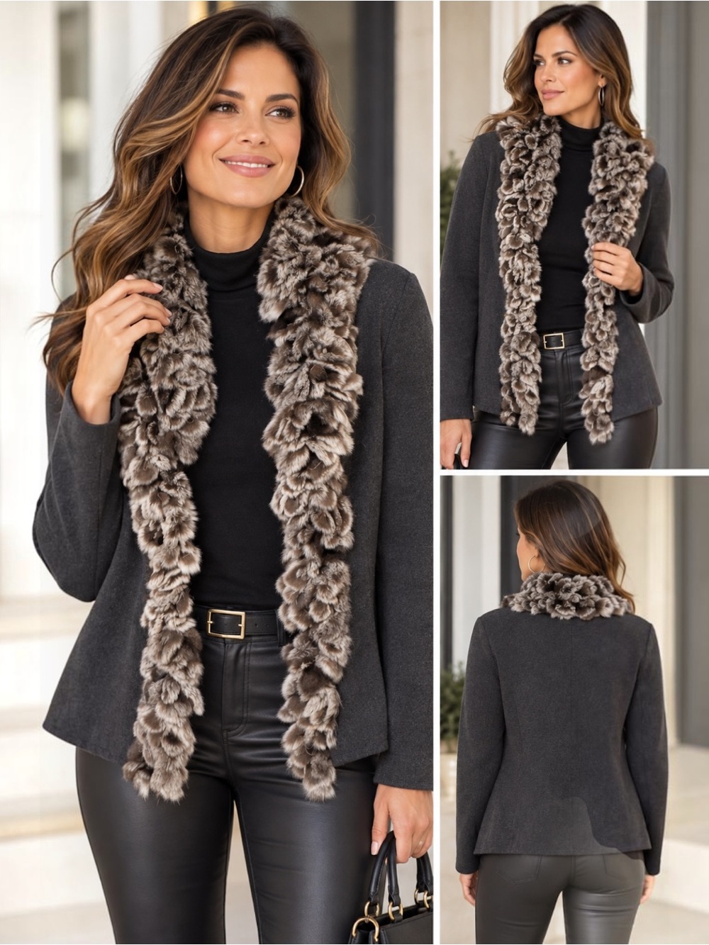 Dana Buchman L Merino Wool Rabbit Fur Trim Cardigan Sweater Jacket Gray
